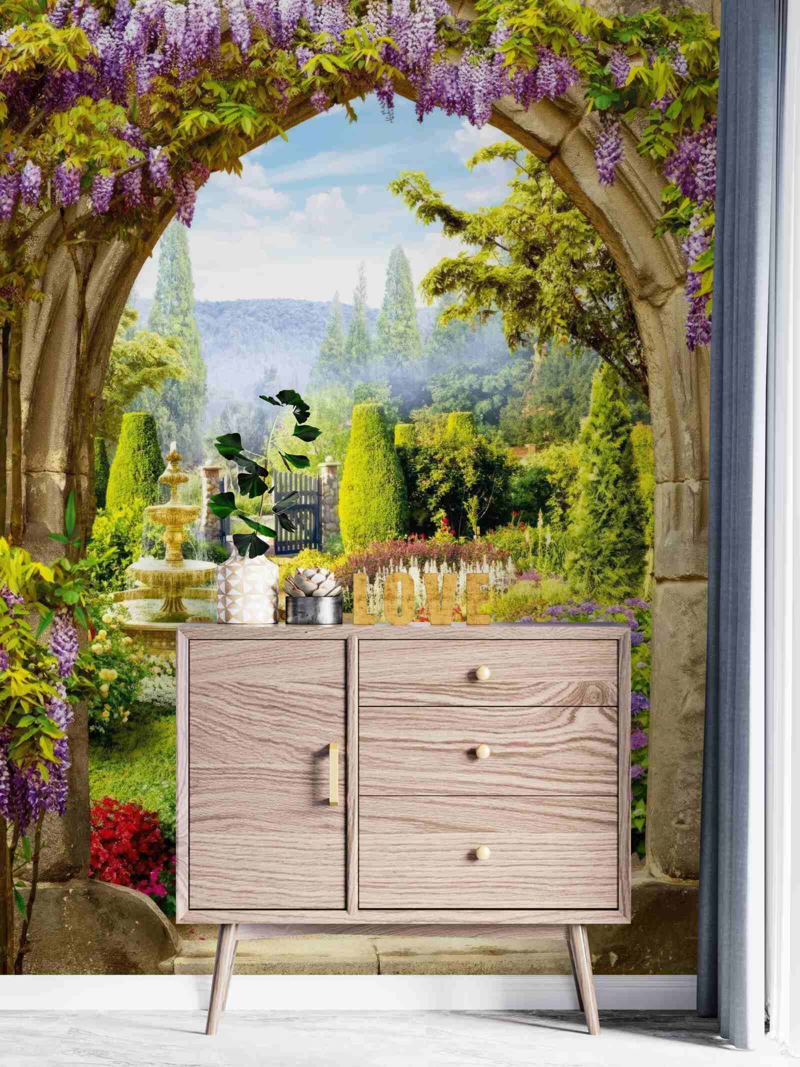 Papier peint un magnifique jardin fleuri avec une fontaine