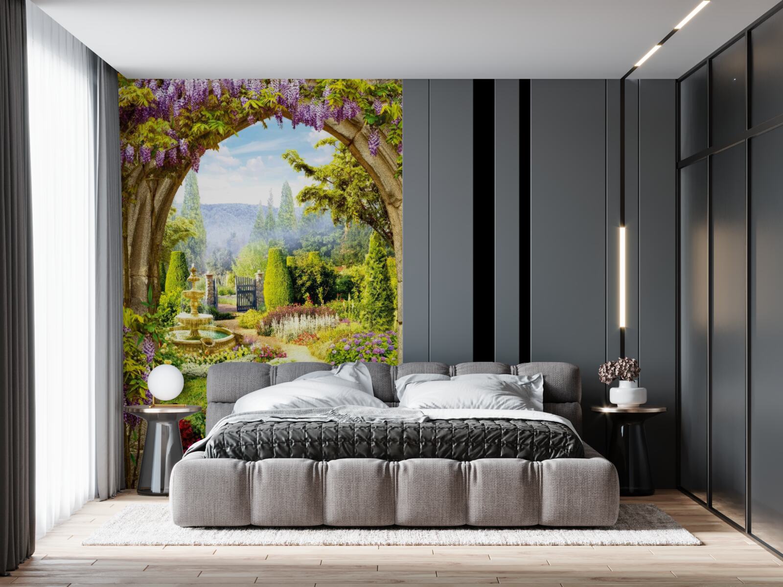 Papier peint un magnifique jardin fleuri avec une fontaine