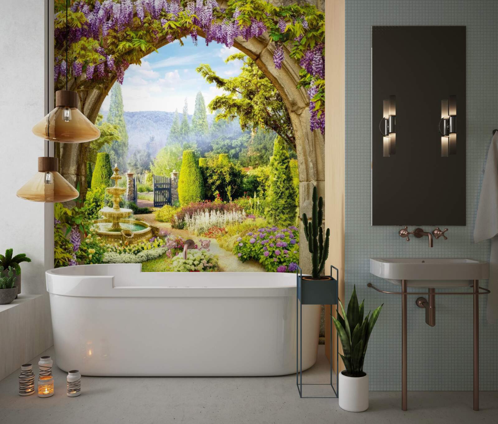 Papier peint un magnifique jardin fleuri avec une fontaine