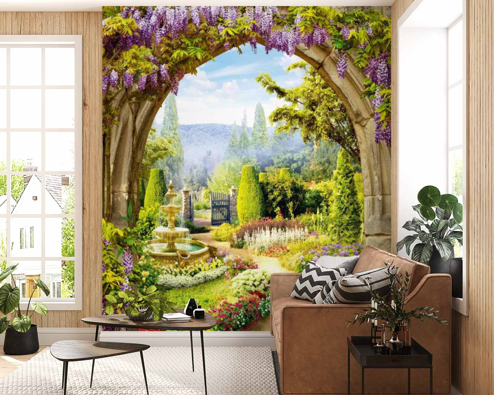 Papier peint un magnifique jardin fleuri avec une fontaine