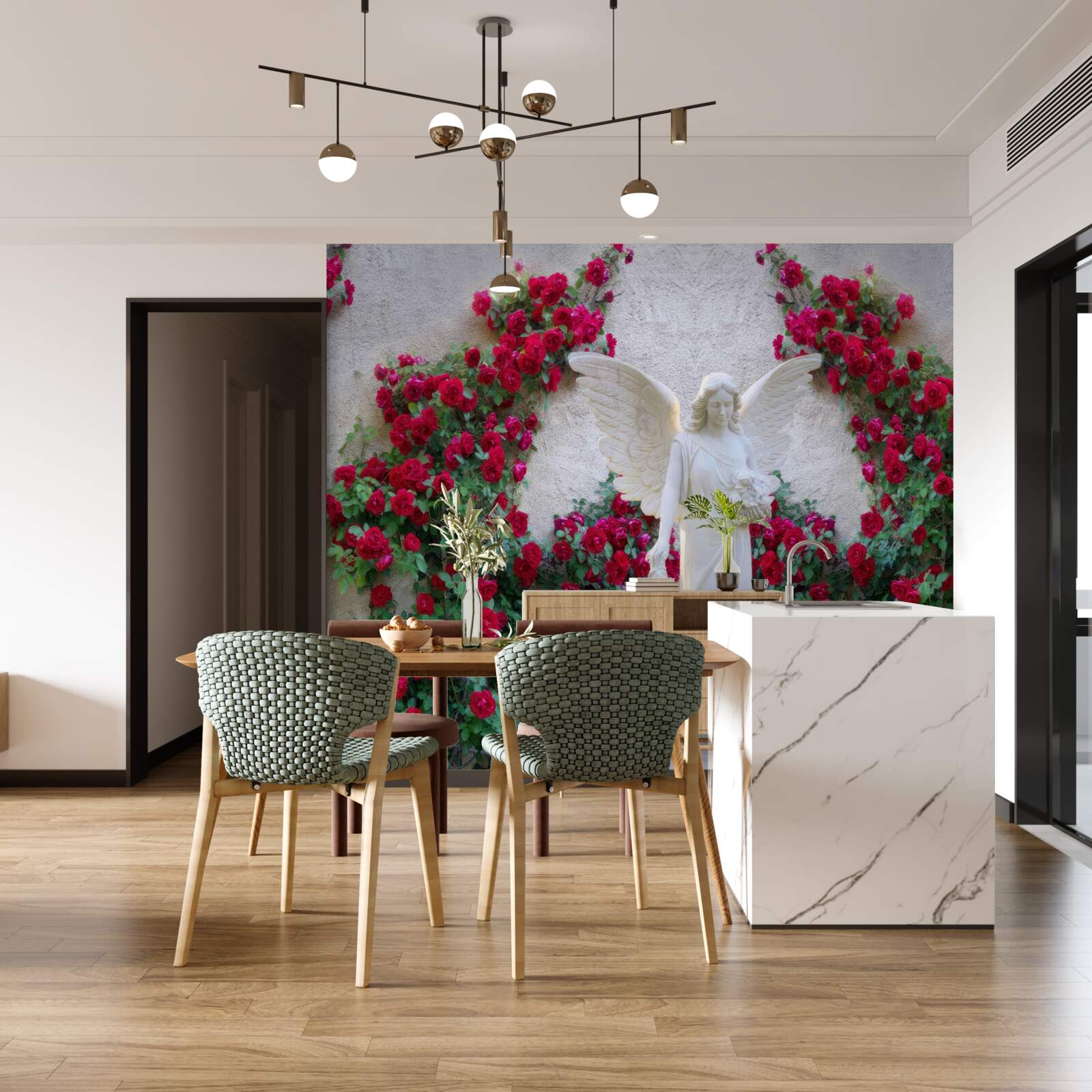 Papier peint statue d'un ange entouré de fleurs écarlates