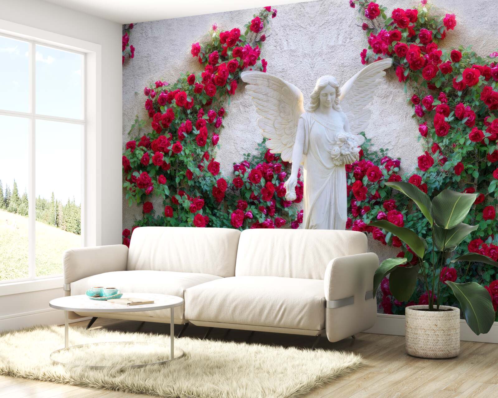 Papier peint statue d'un ange entouré de fleurs écarlates