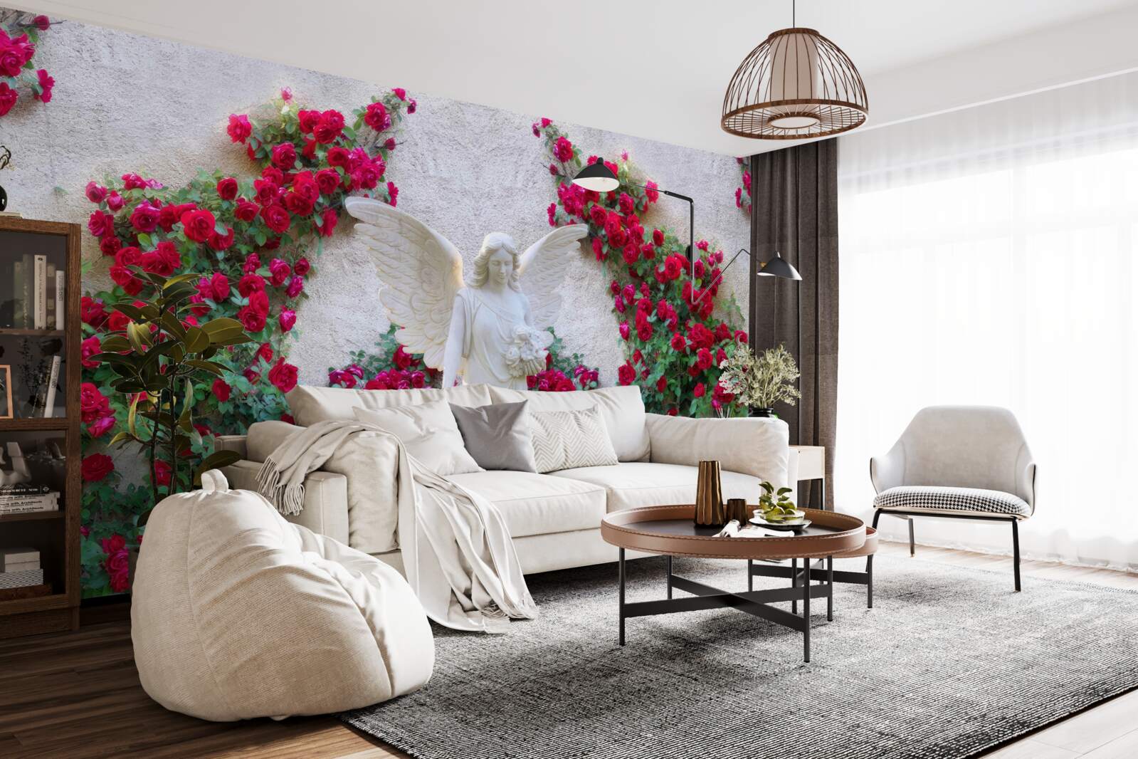 Papier peint statue d'un ange entouré de fleurs écarlates