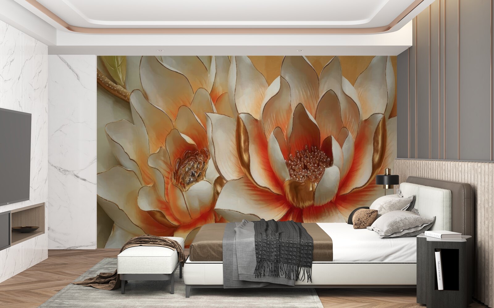 Papier peint grandes fleurs crème