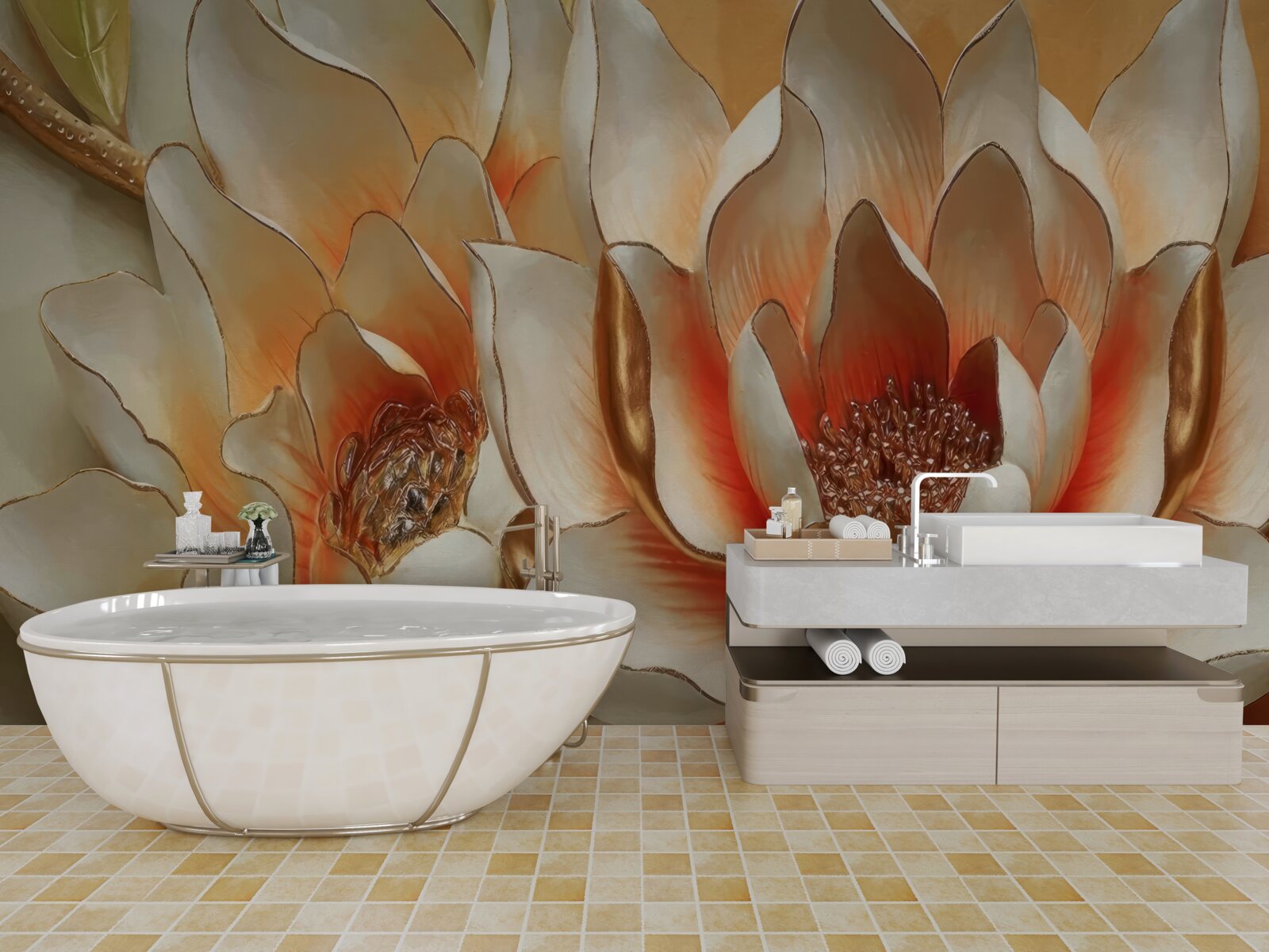 Papier peint grandes fleurs crème