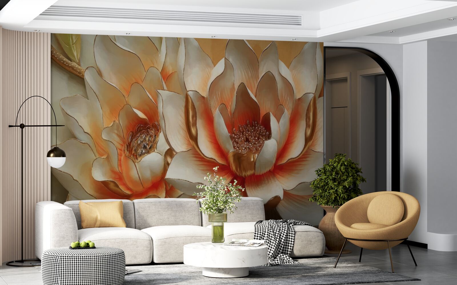 Papier peint grandes fleurs crème