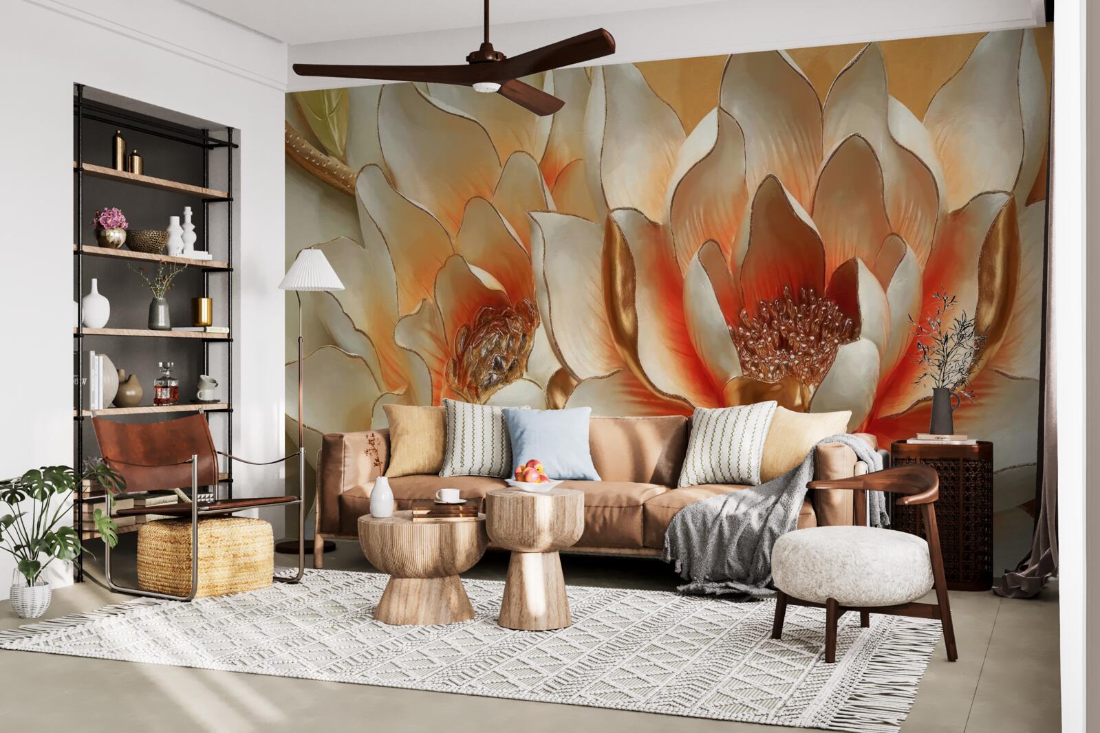 Papier peint grandes fleurs crème