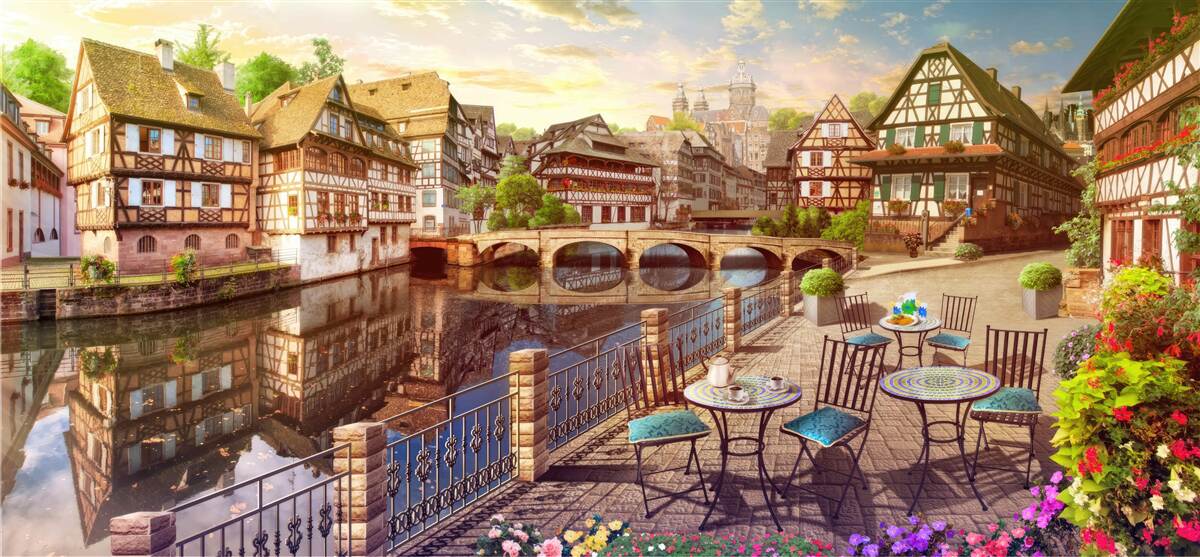 Papier peint tables au bord de l'eau dans la partie historique de la ville