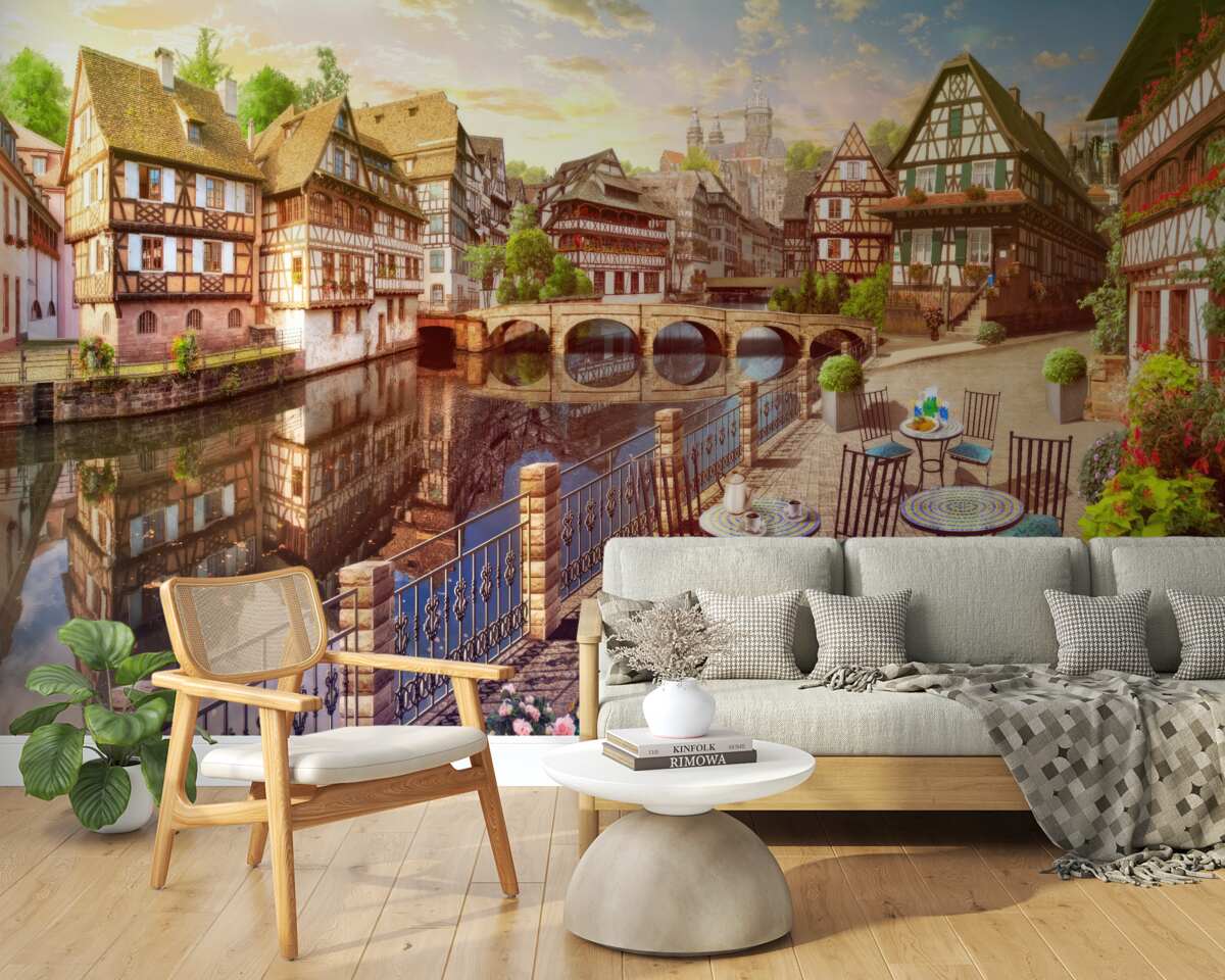 Papier peint tables au bord de l'eau dans la partie historique de la ville