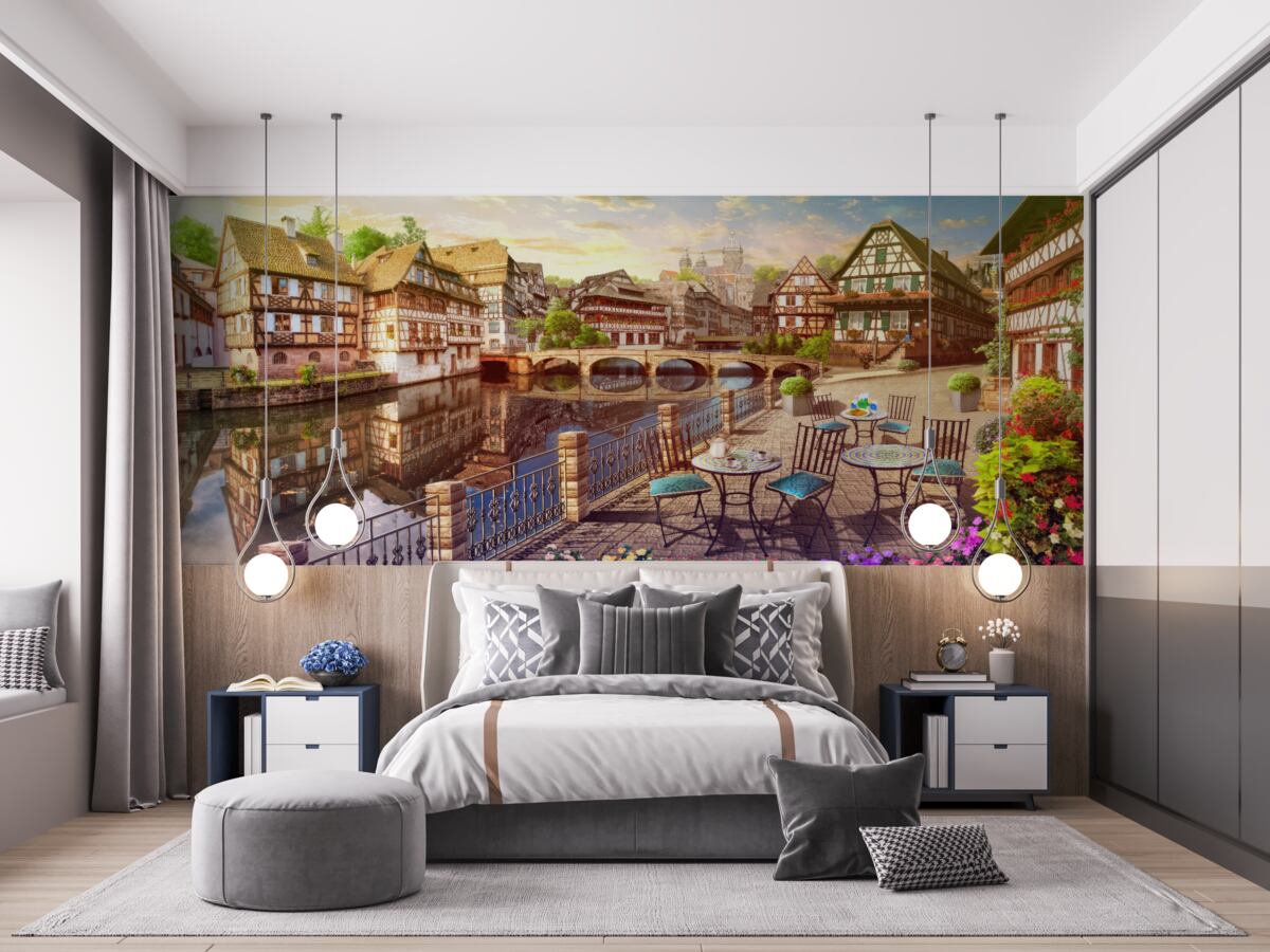 Papier peint tables au bord de l'eau dans la partie historique de la ville