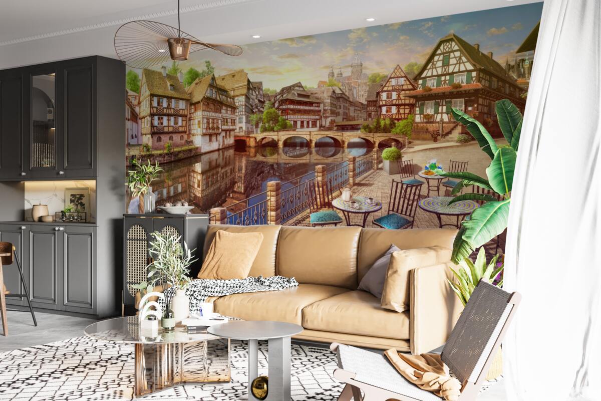 Papier peint tables au bord de l'eau dans la partie historique de la ville