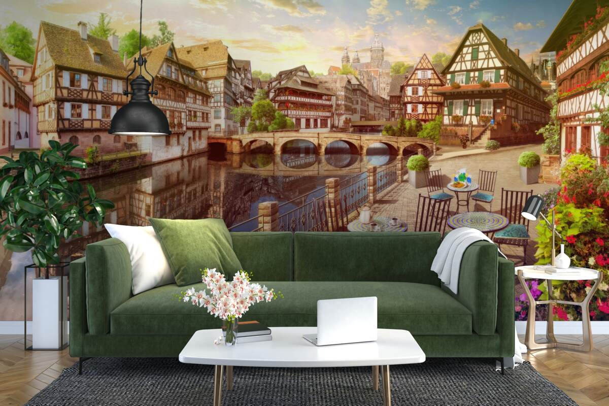 Papier peint tables au bord de l'eau dans la partie historique de la ville