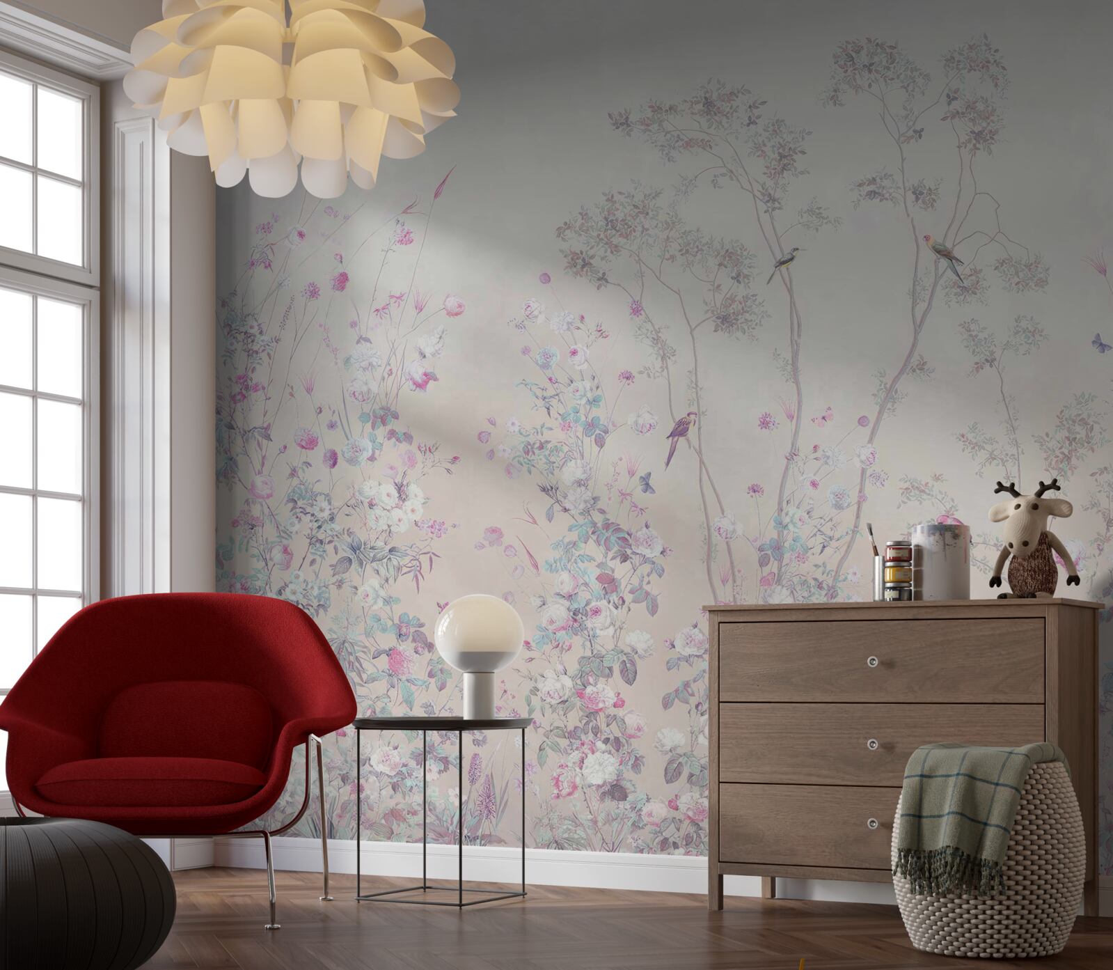 Papier peint oiseaux perchés sur les branches des arbres