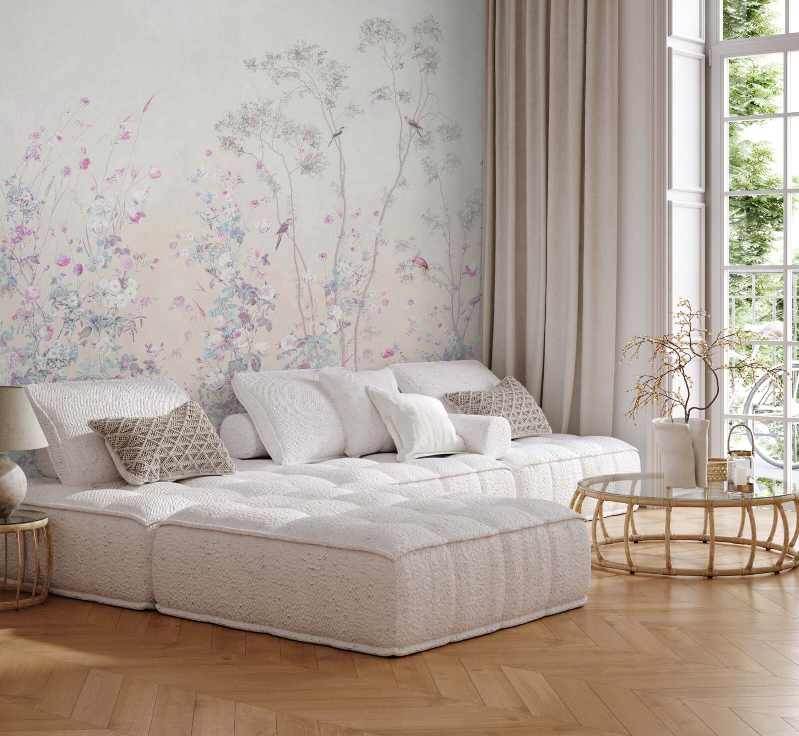 Papier peint oiseaux perchés sur les branches des arbres