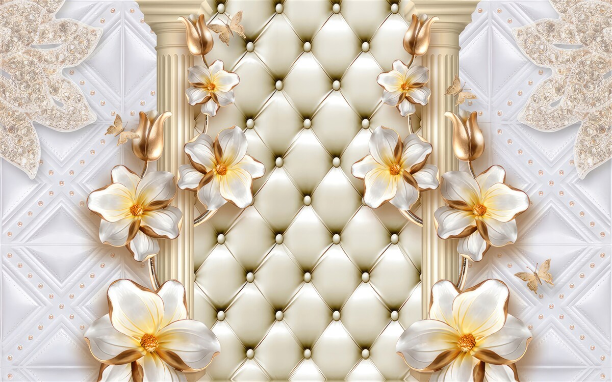 Papier peint mur décoré d'éléments matelassés dans des couleurs florales