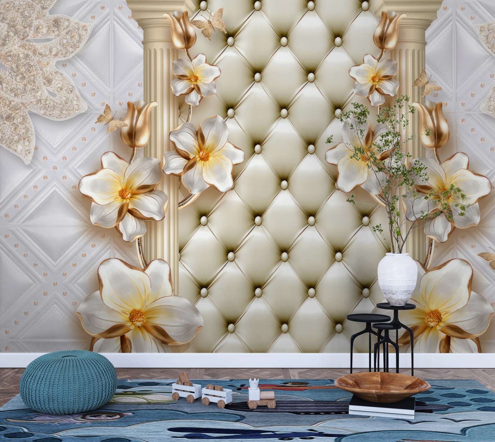 Papier peint mur décoré d'éléments matelassés dans des couleurs florales