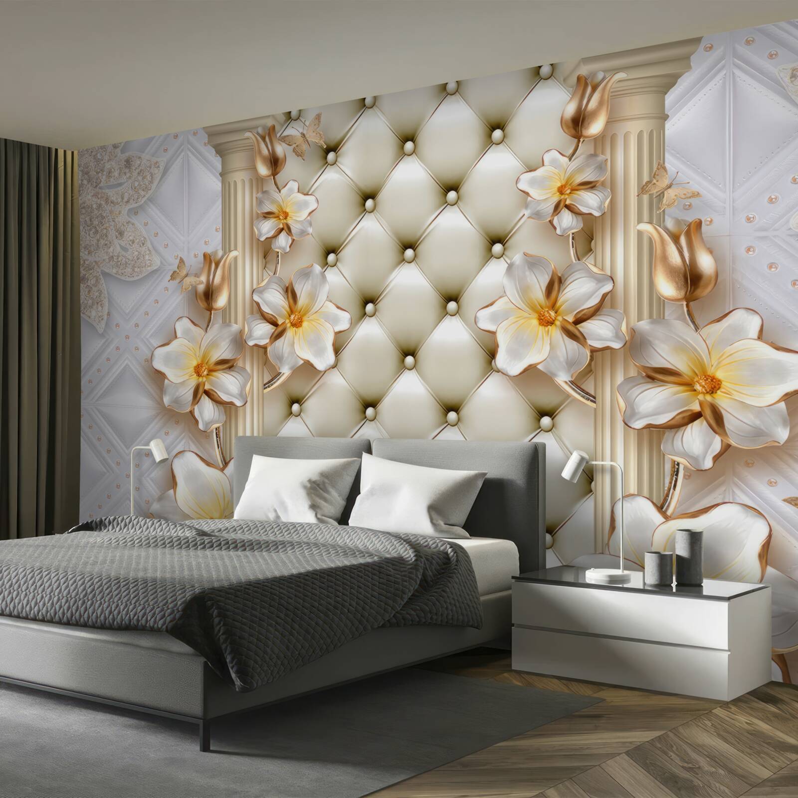 Papier peint mur décoré d'éléments matelassés dans des couleurs florales