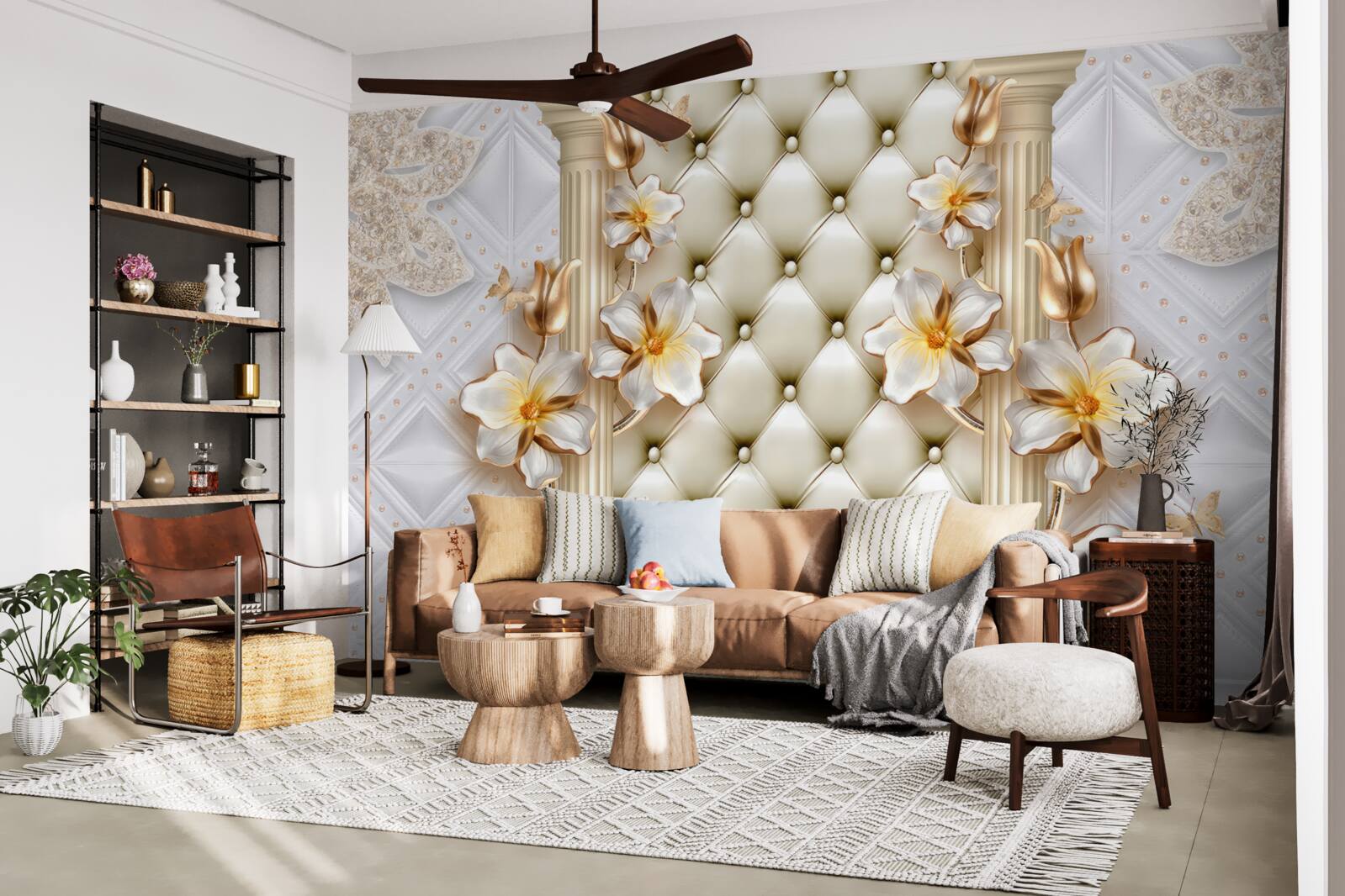 Papier peint mur décoré d'éléments matelassés dans des couleurs florales