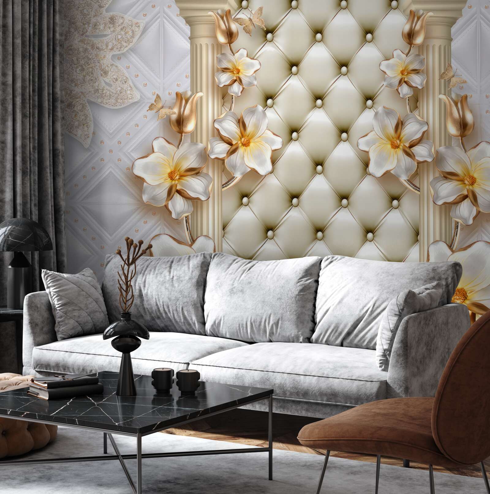 Papier peint mur décoré d'éléments matelassés dans des couleurs florales