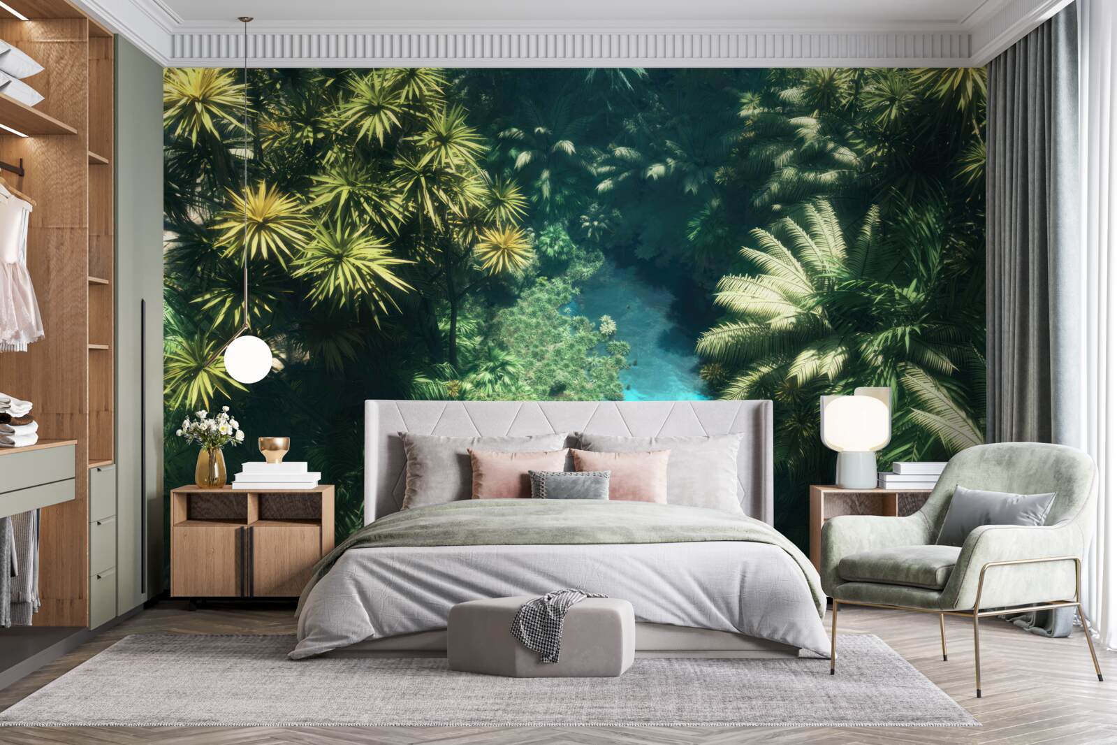 Papier peint vue panoramique du feuillage et de la surface de l'eau vue d'en haut