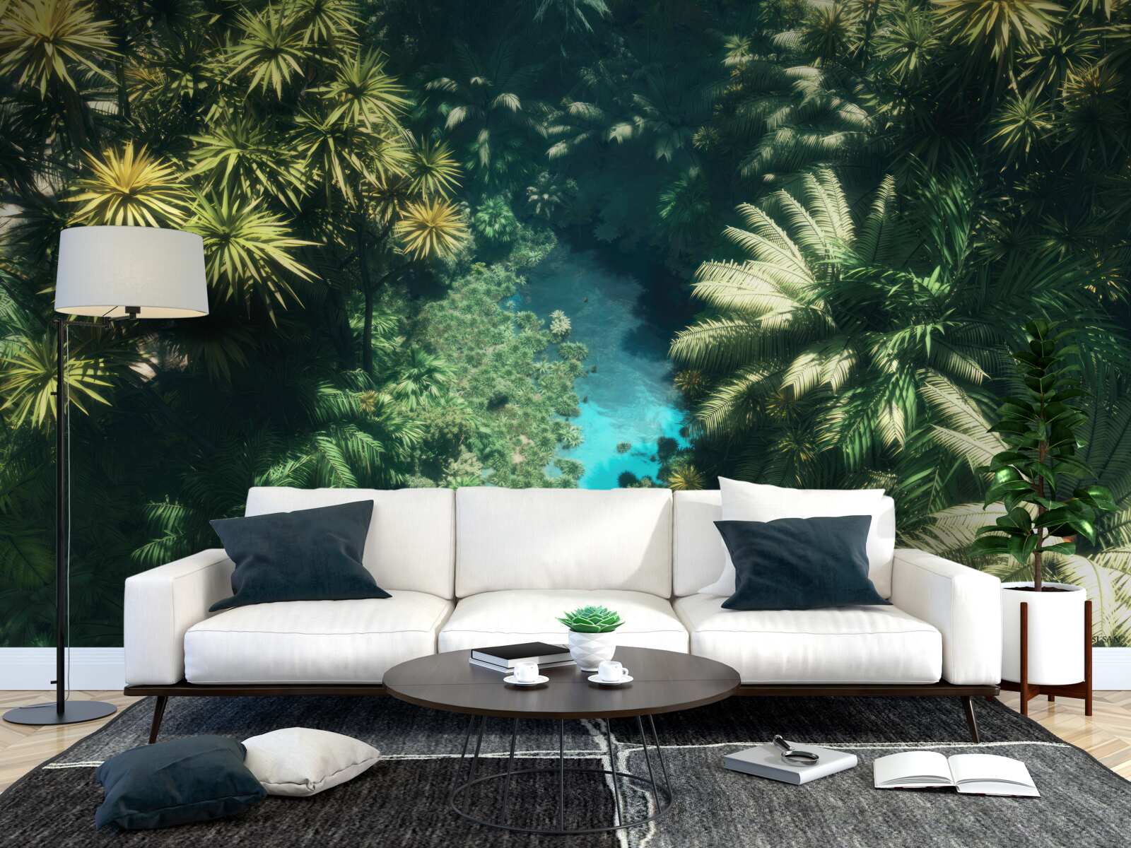 Papier peint vue panoramique du feuillage et de la surface de l'eau vue d'en haut