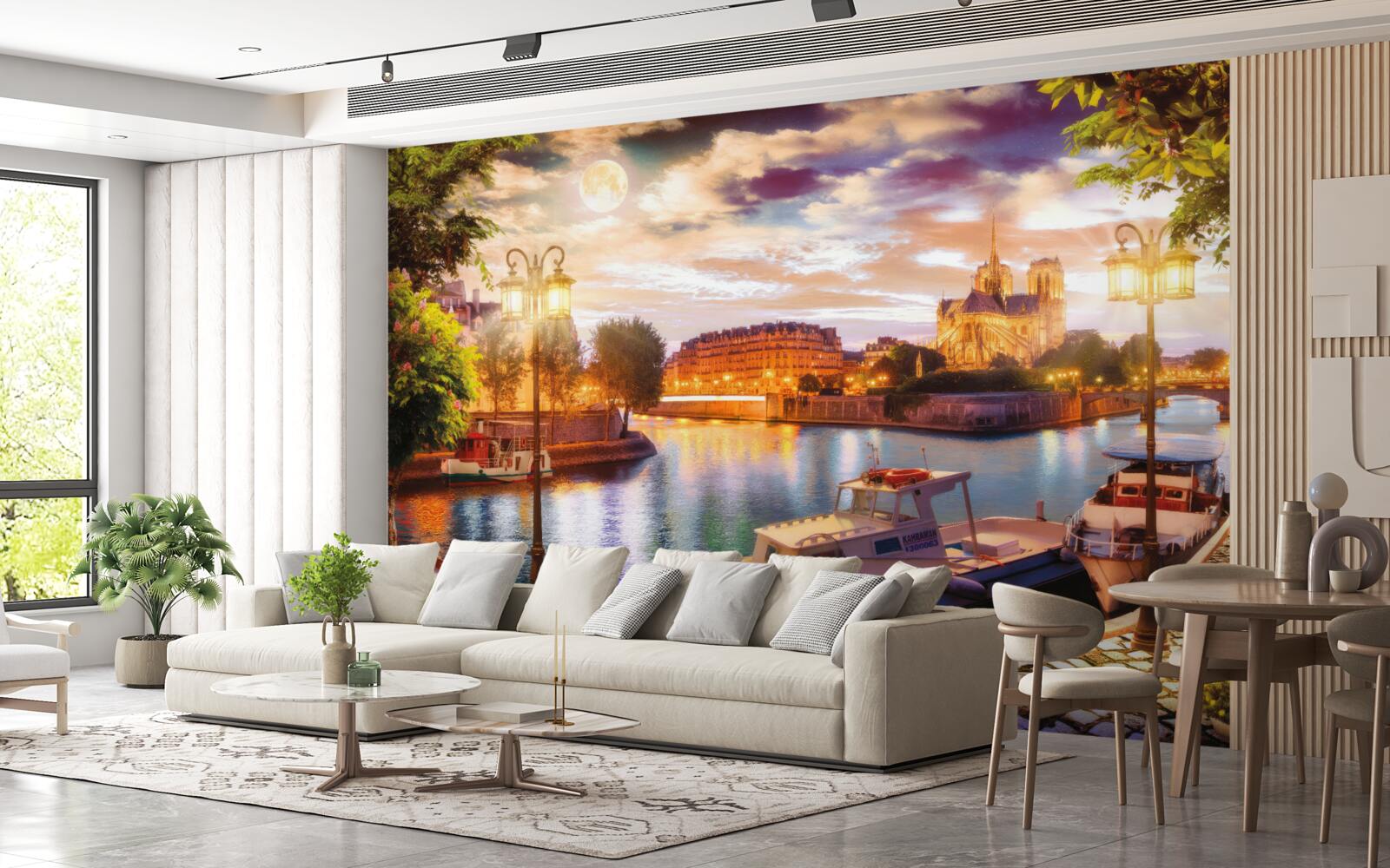 Papier peint yachts amarrés dans le port de la ville