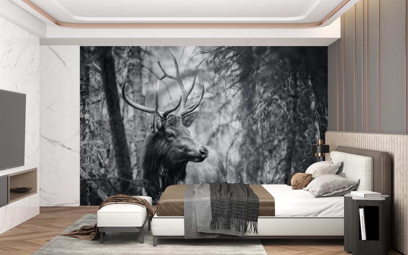 Papier peint des cerfs de forêt avec des cornes forment un sentier