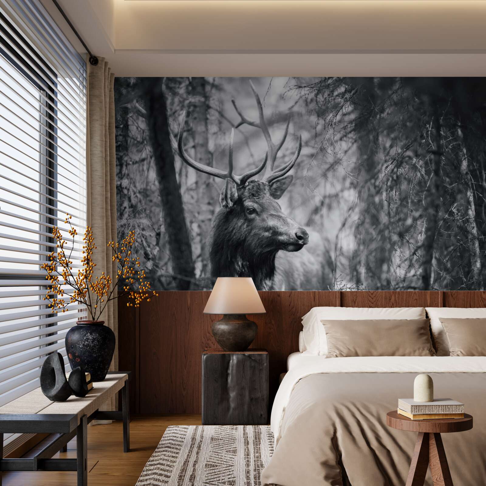 Papier peint des cerfs de forêt avec des cornes forment un sentier