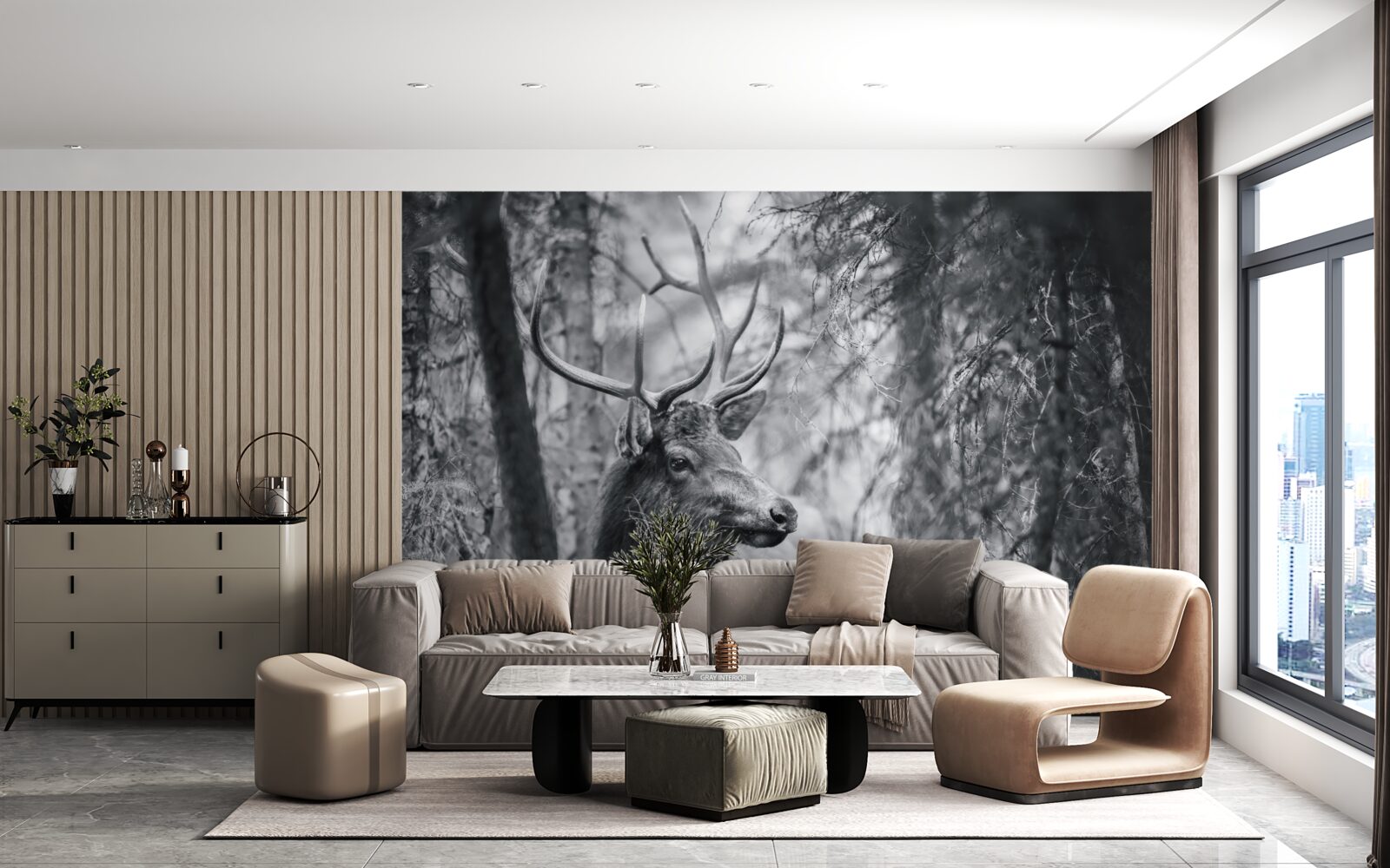 Papier peint des cerfs de forêt avec des cornes forment un sentier