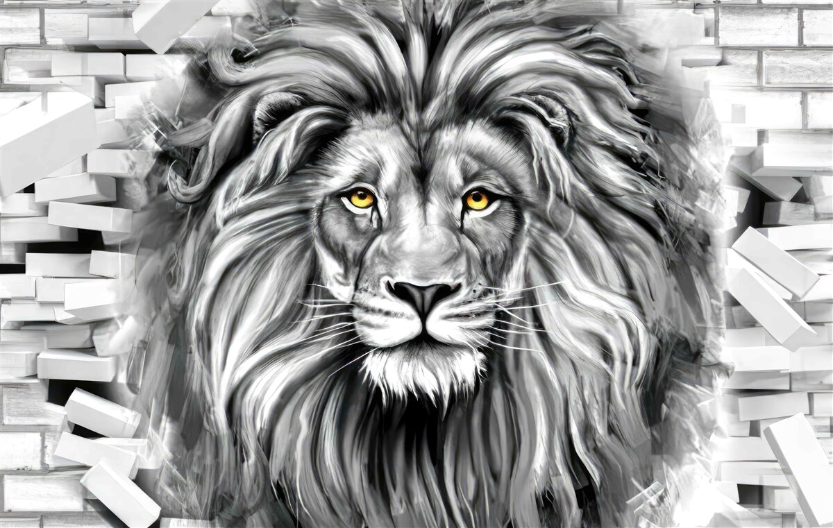 Papier peint visage de lion en noir et blanc