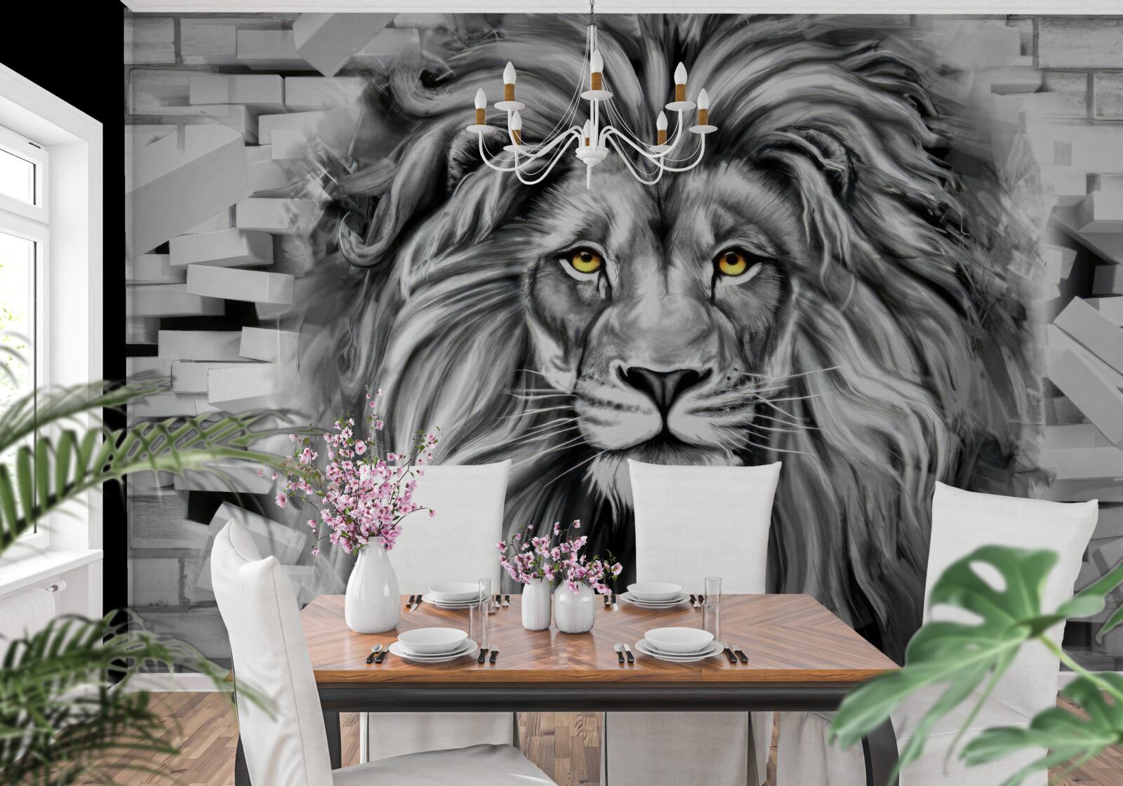 Papier peint visage de lion en noir et blanc