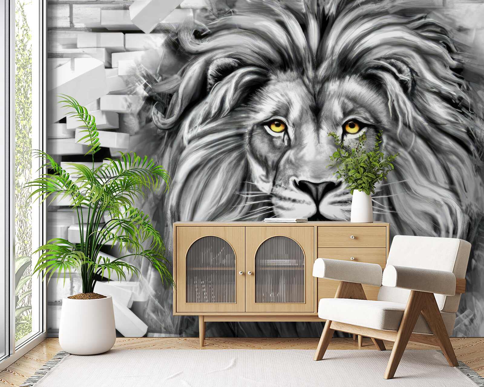 Papier peint visage de lion en noir et blanc