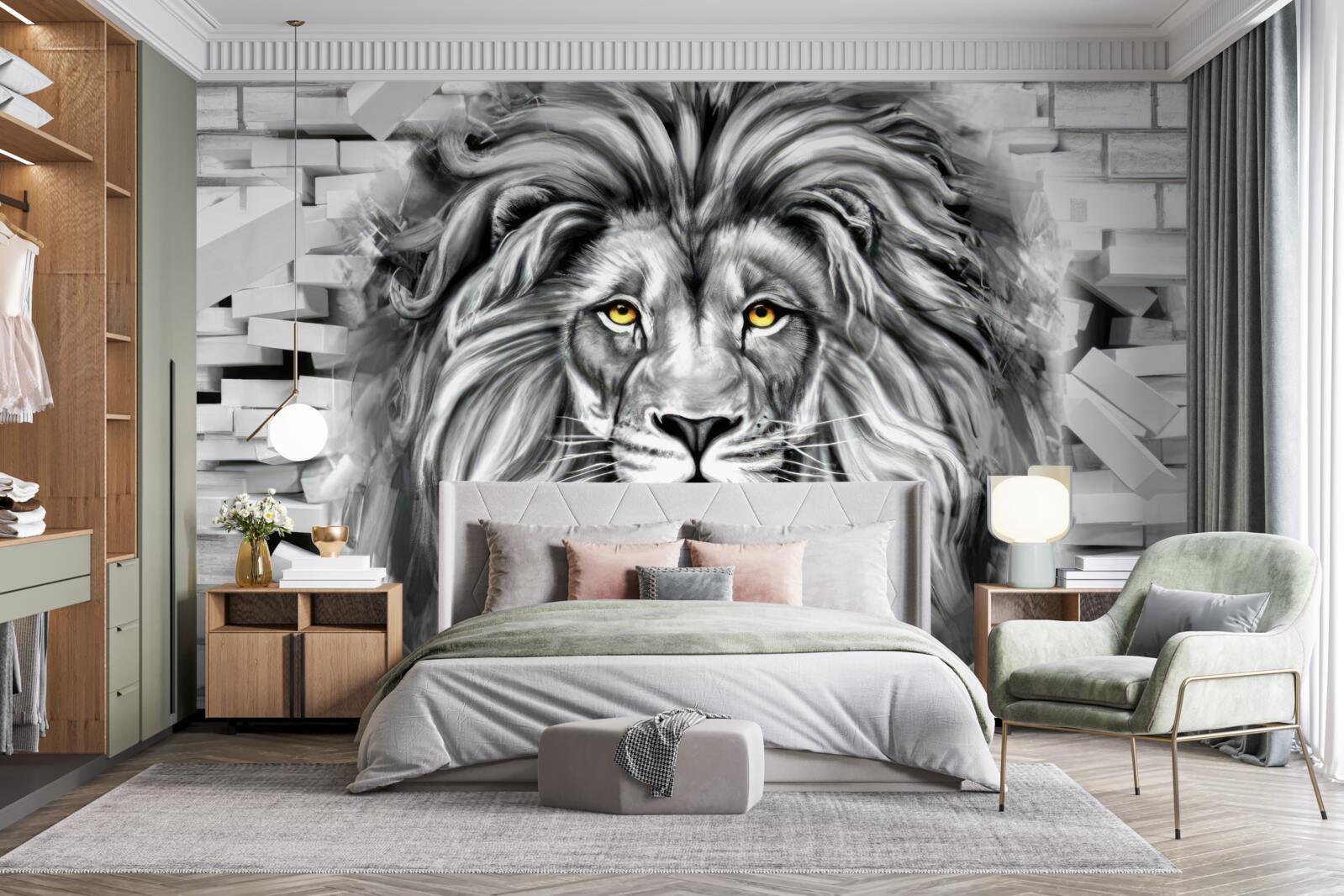 Papier peint visage de lion en noir et blanc