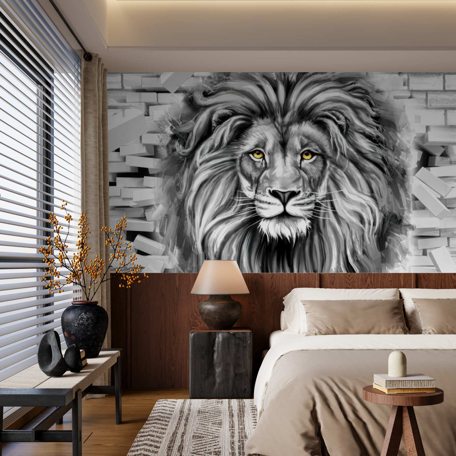 Papier peint visage de lion en noir et blanc