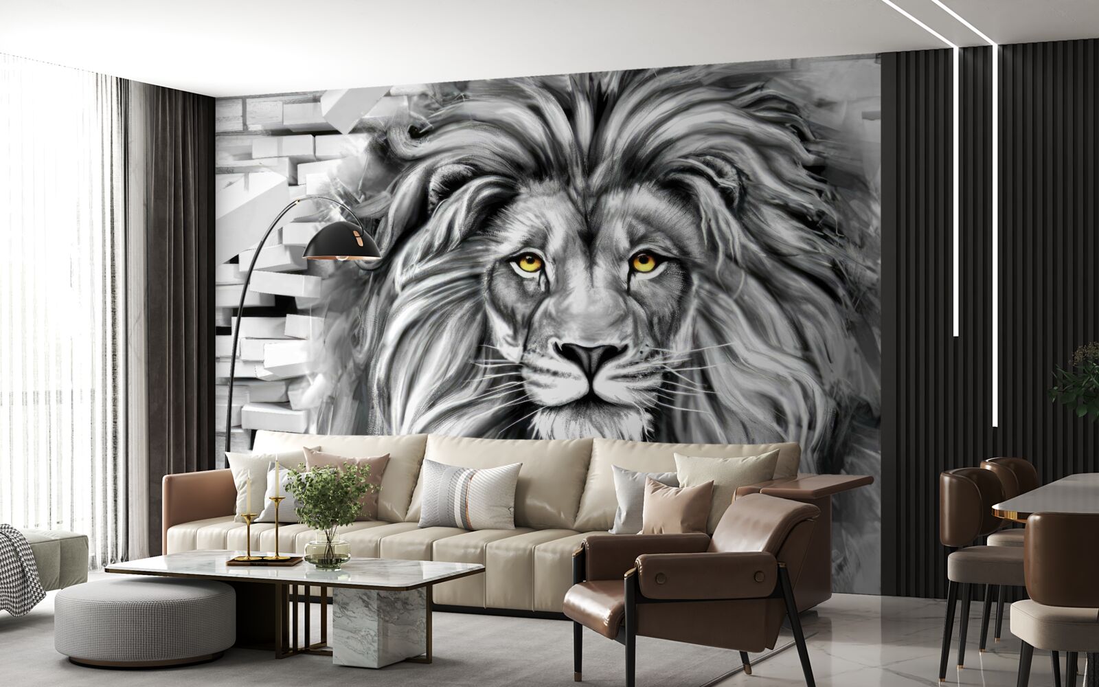 Papier peint visage de lion en noir et blanc