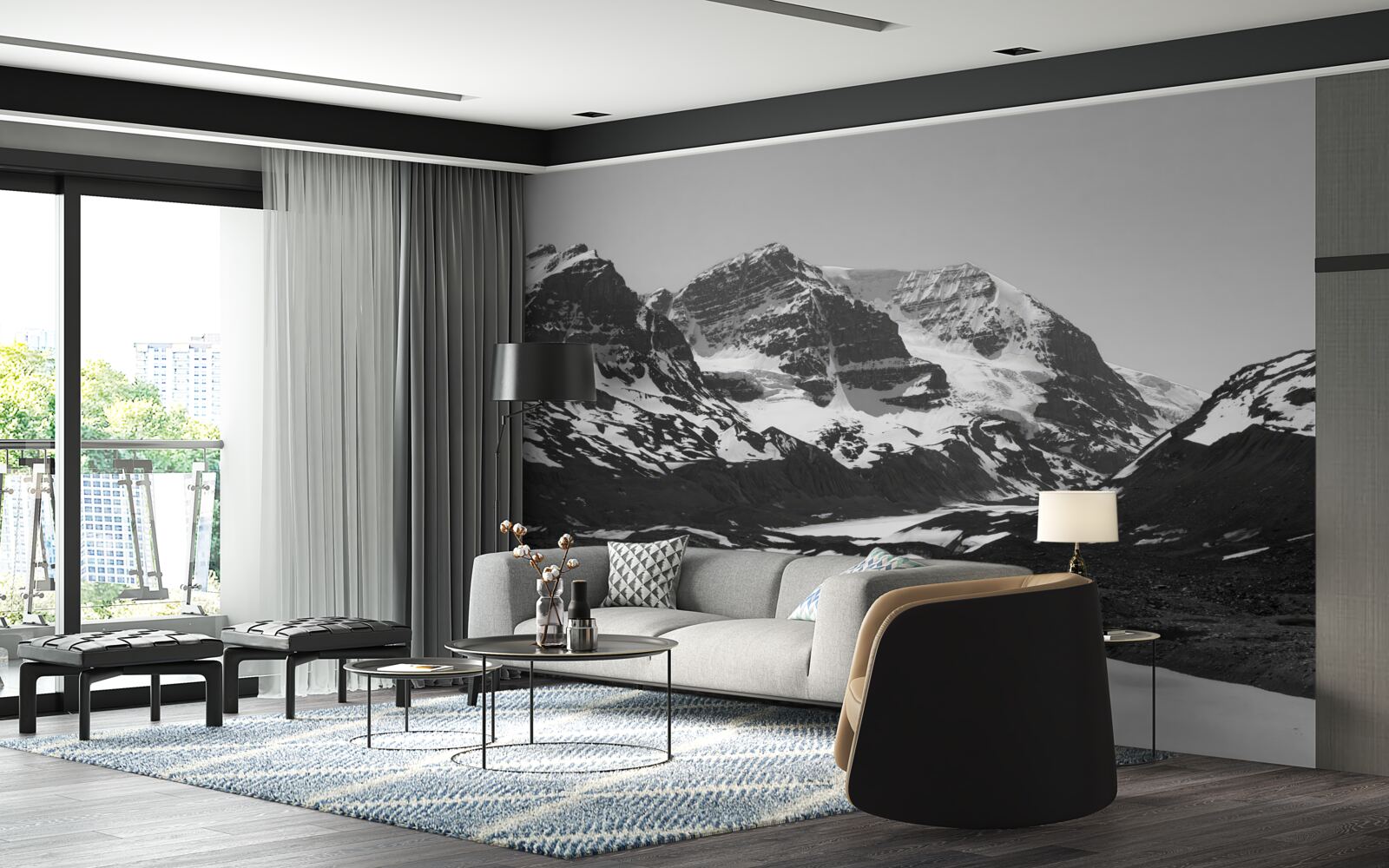 Papier peint image de montagnes en noir et blanc