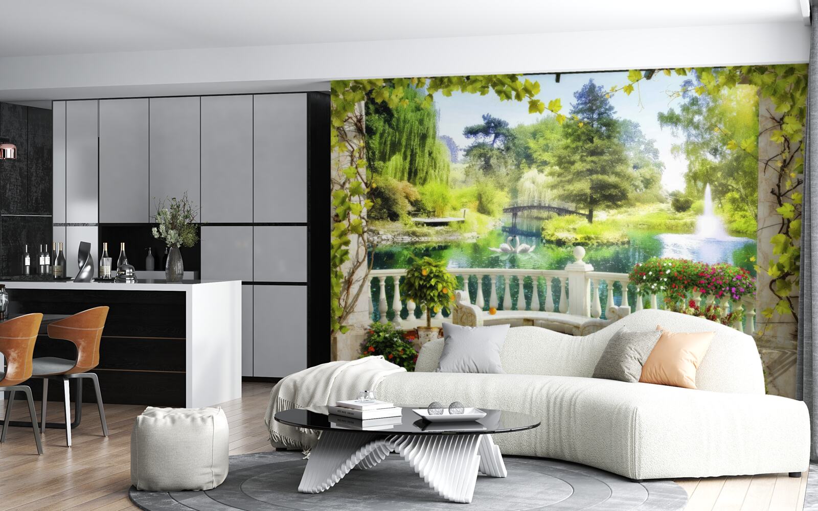 Papier peint une fenêtre donnant sur une cascade et des cygnes qui nagent