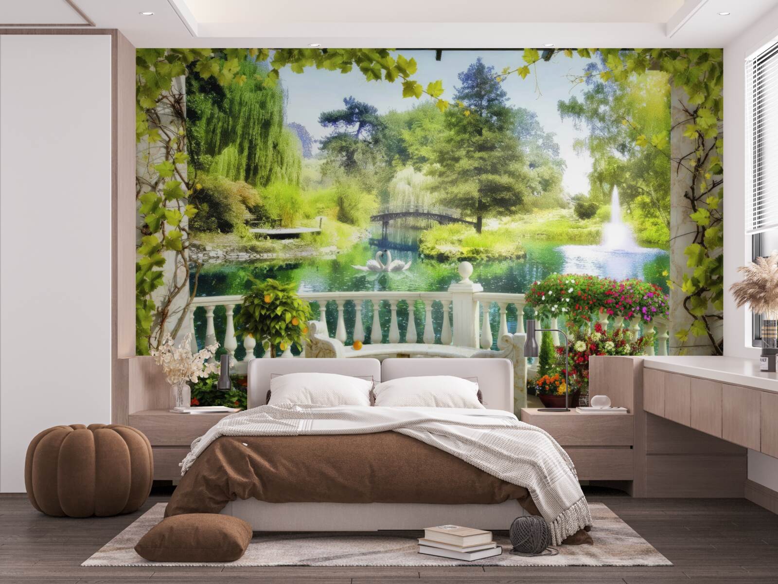 Papier peint une fenêtre donnant sur une cascade et des cygnes qui nagent