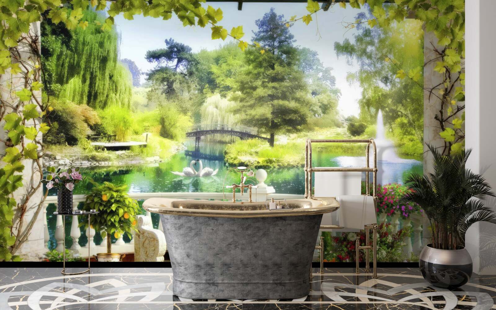 Papier peint une fenêtre donnant sur une cascade et des cygnes qui nagent