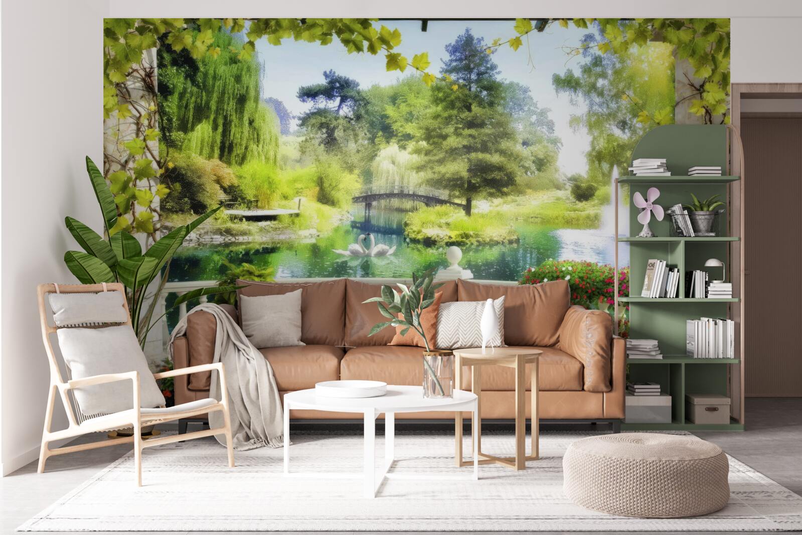 Papier peint une fenêtre donnant sur une cascade et des cygnes qui nagent