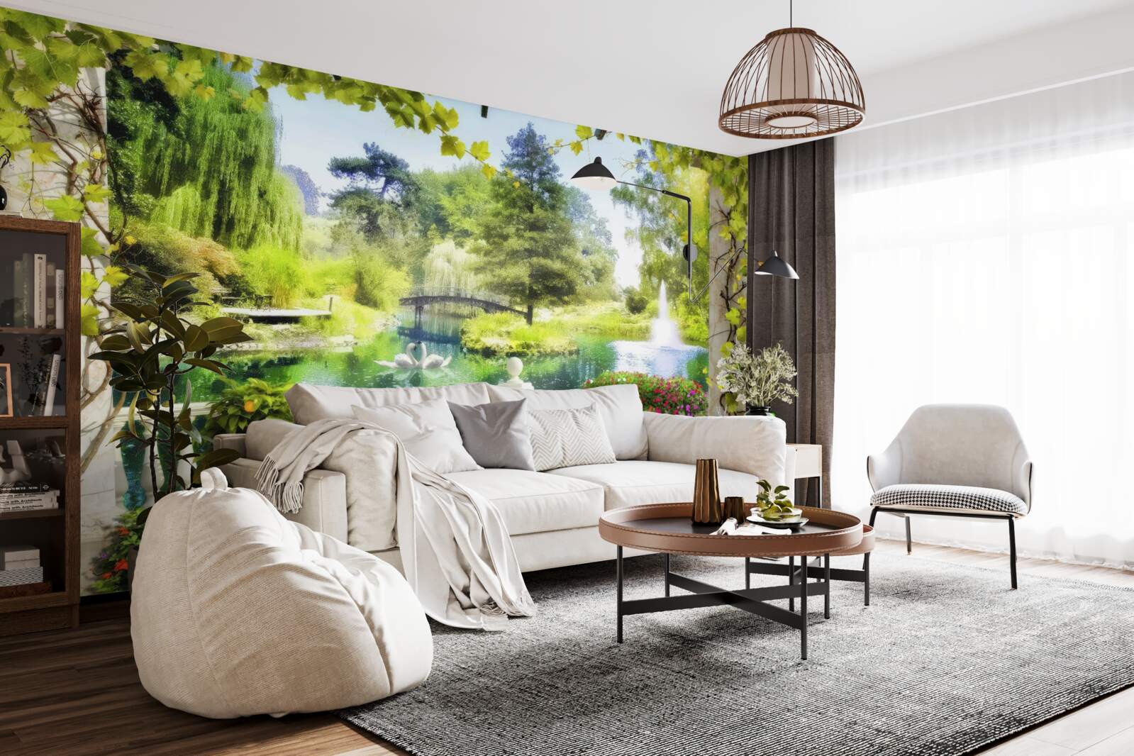 Papier peint une fenêtre donnant sur une cascade et des cygnes qui nagent