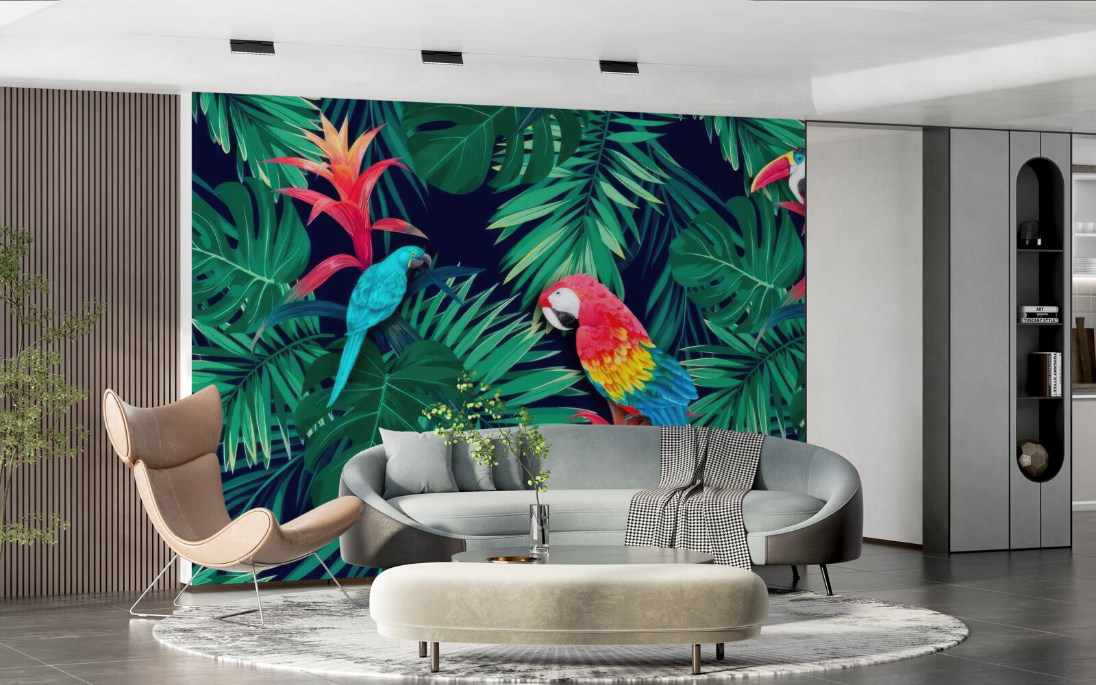 Papier peint perroquets sur de grandes feuilles d'émeraude