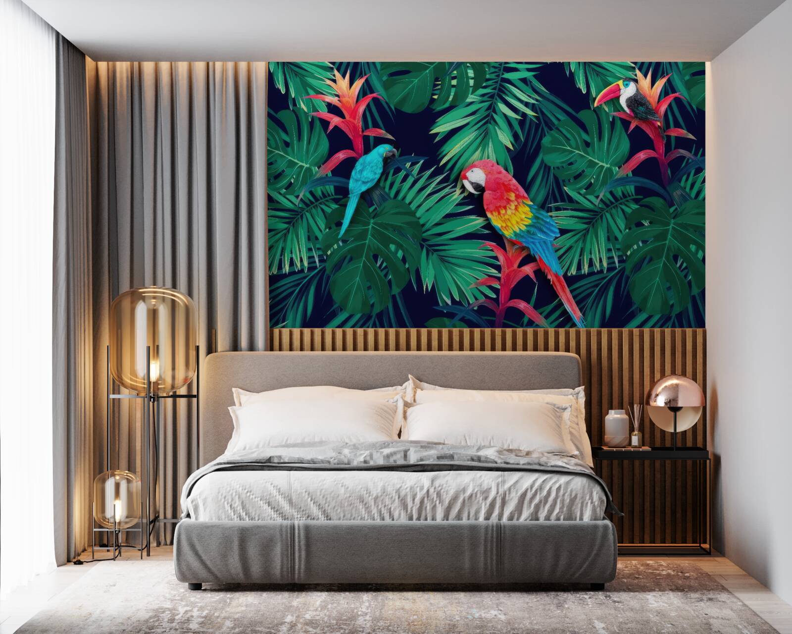 Papier peint perroquets sur de grandes feuilles d'émeraude