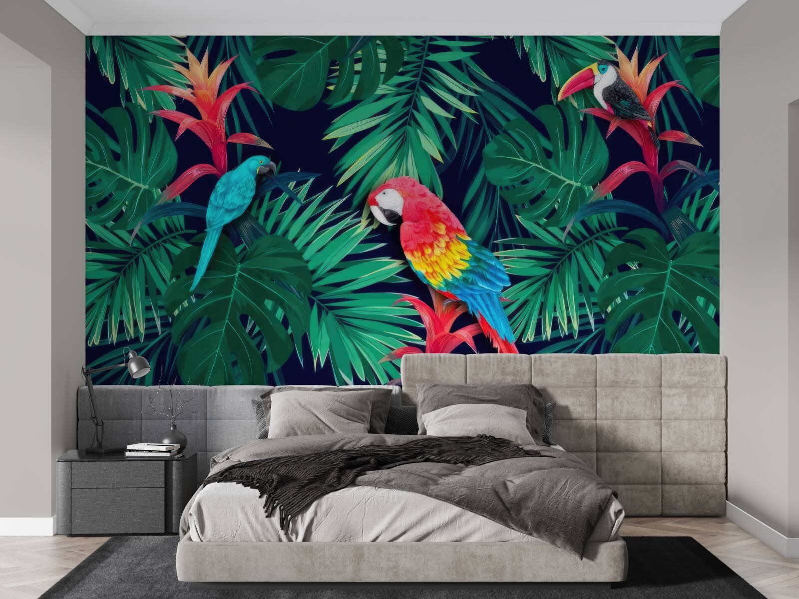 Papier peint perroquets sur de grandes feuilles d'émeraude