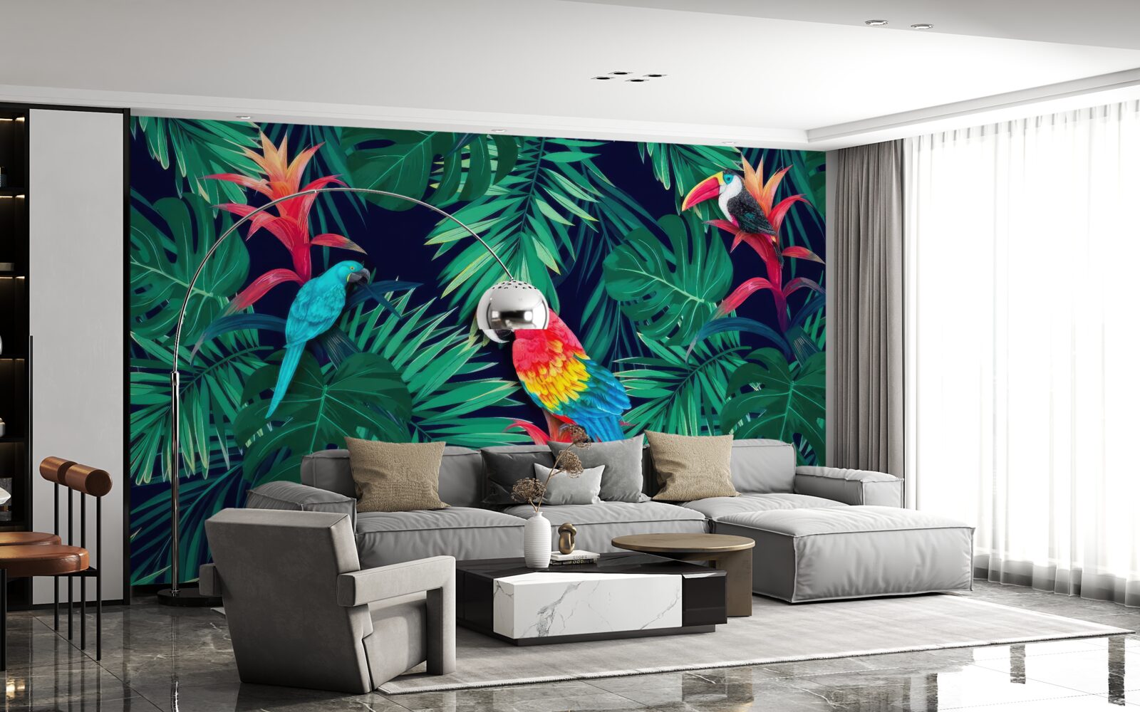 Papier peint perroquets sur de grandes feuilles d'émeraude