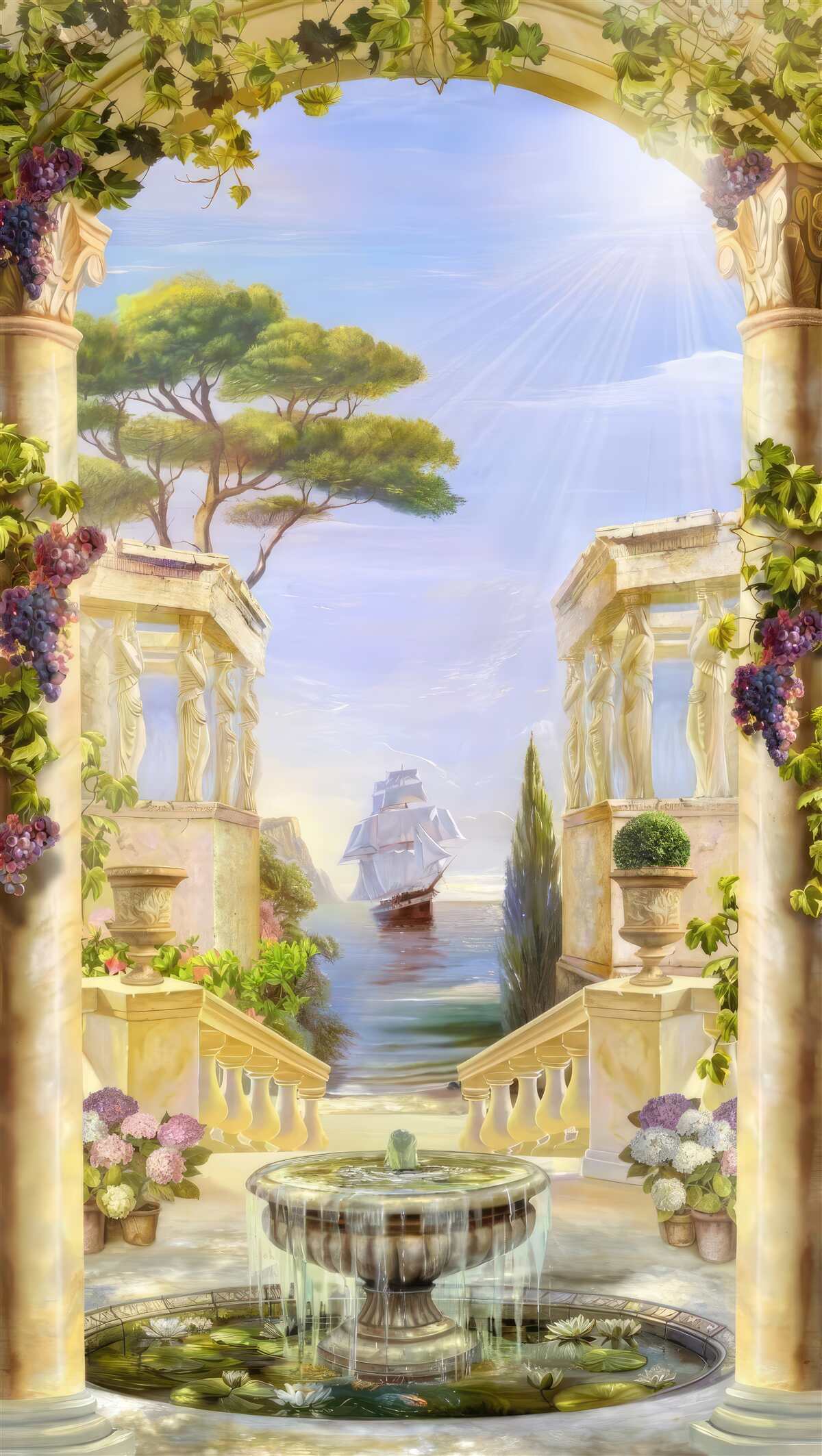 Papier peint fontaine et vue d'un navire qui passe