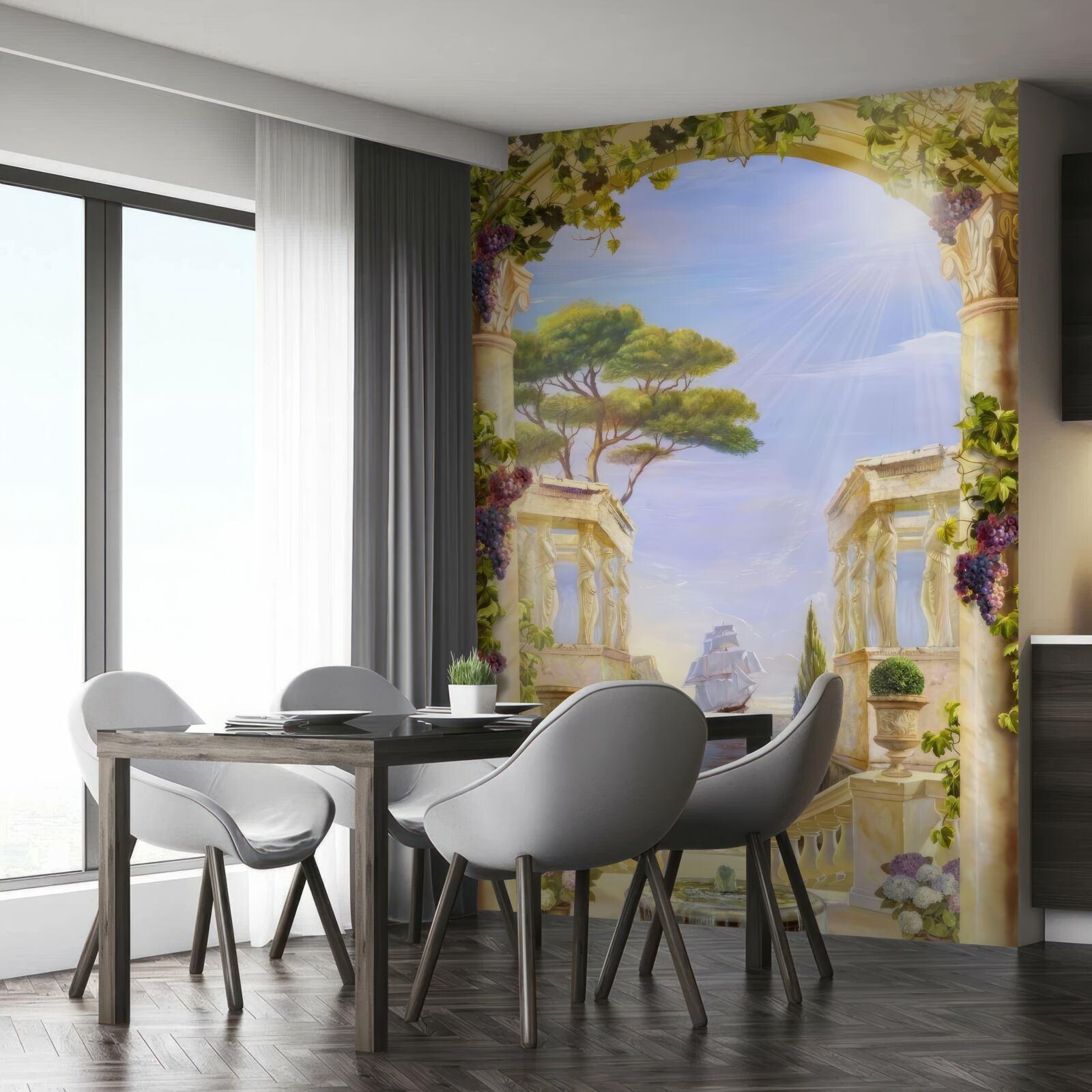 Papier peint fontaine et vue d'un navire qui passe