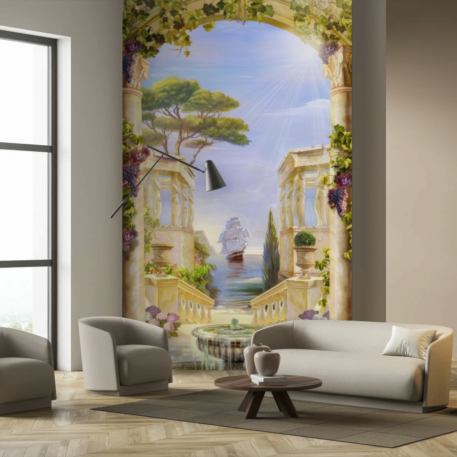 Papier peint fontaine et vue d'un navire qui passe