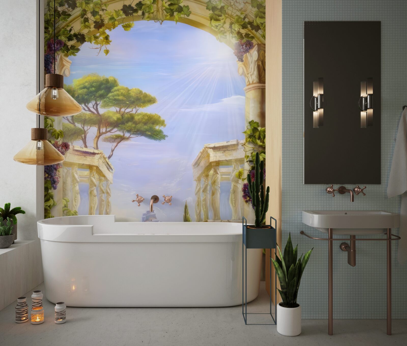 Papier peint fontaine et vue d'un navire qui passe