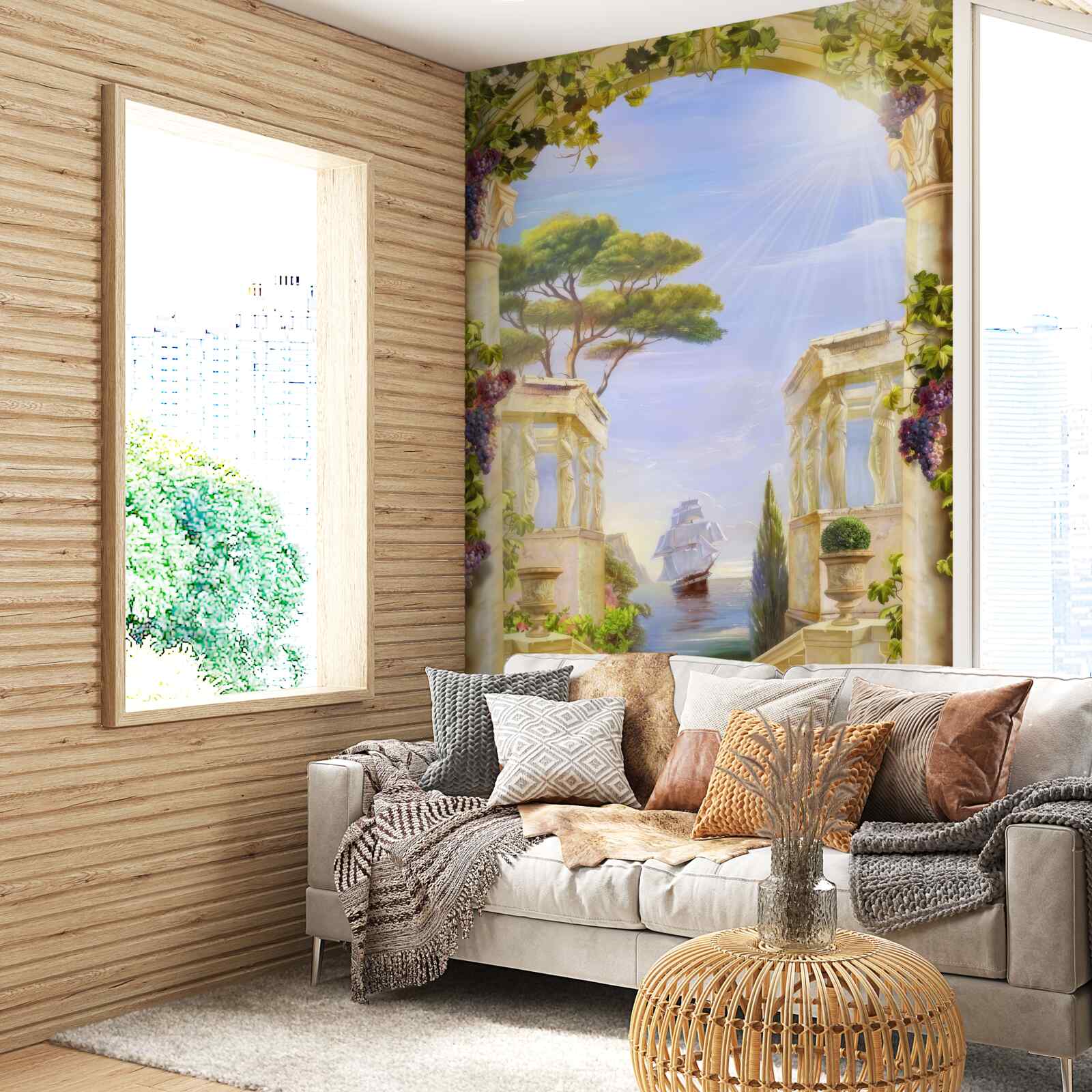 Papier peint fontaine et vue d'un navire qui passe